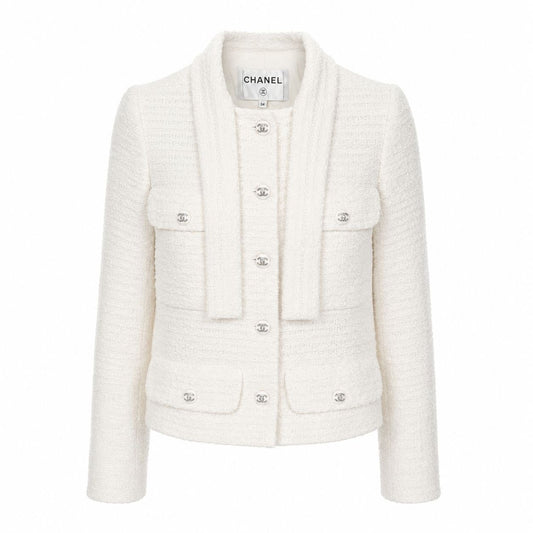 CHANEL - JACKET WHITE TWEED SIZE 34 FR WITH CRYSTAL CC LOGO BUTTONS