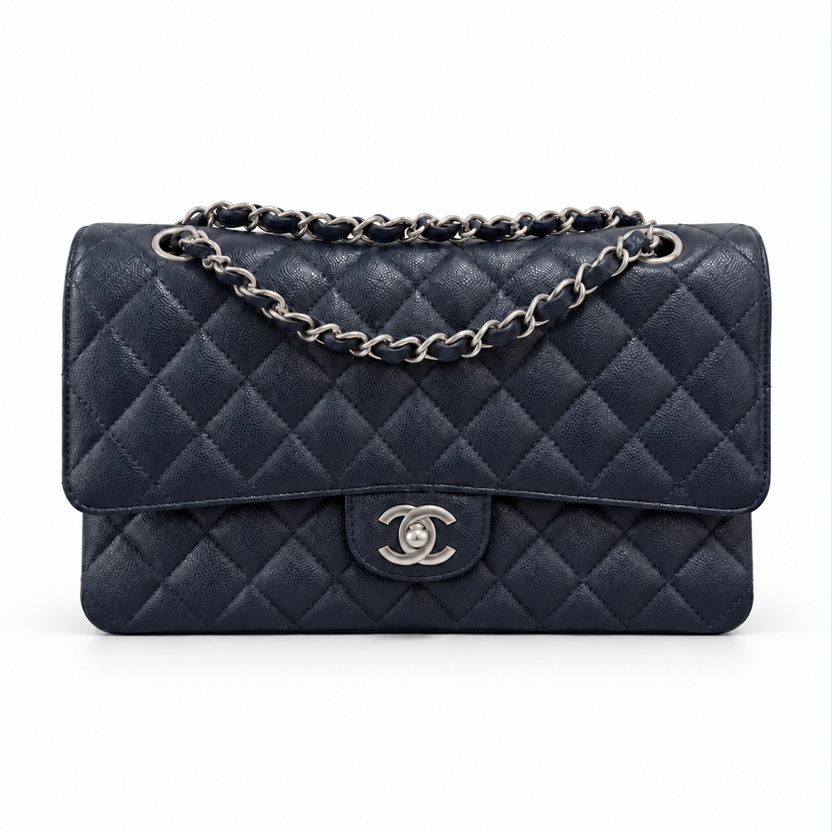 CHANEL - BAG TIMELESS CLASSIC DOUBLE FLAP MEDIUM BLUE NAVY CAVIAR LEATHER WITH SILVER TONE HARDWARE
