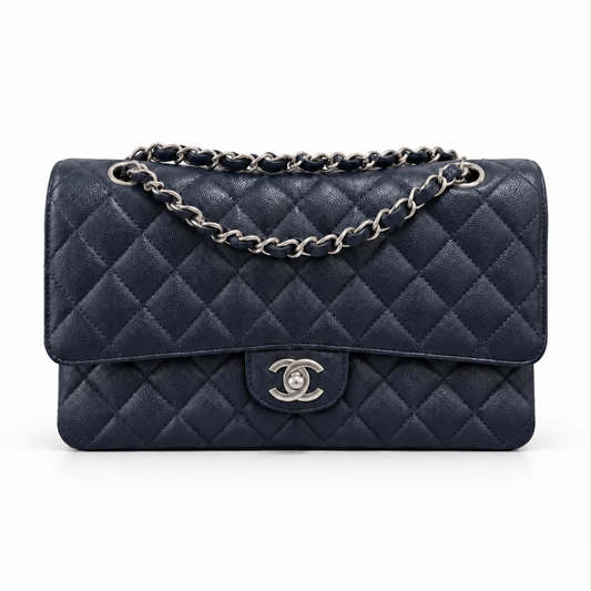 CHANEL - BAG TIMELESS CLASSIC DOUBLE FLAP MEDIUM BLUE NAVY CAVIAR LEATHER WITH SILVER TONE HARDWARE