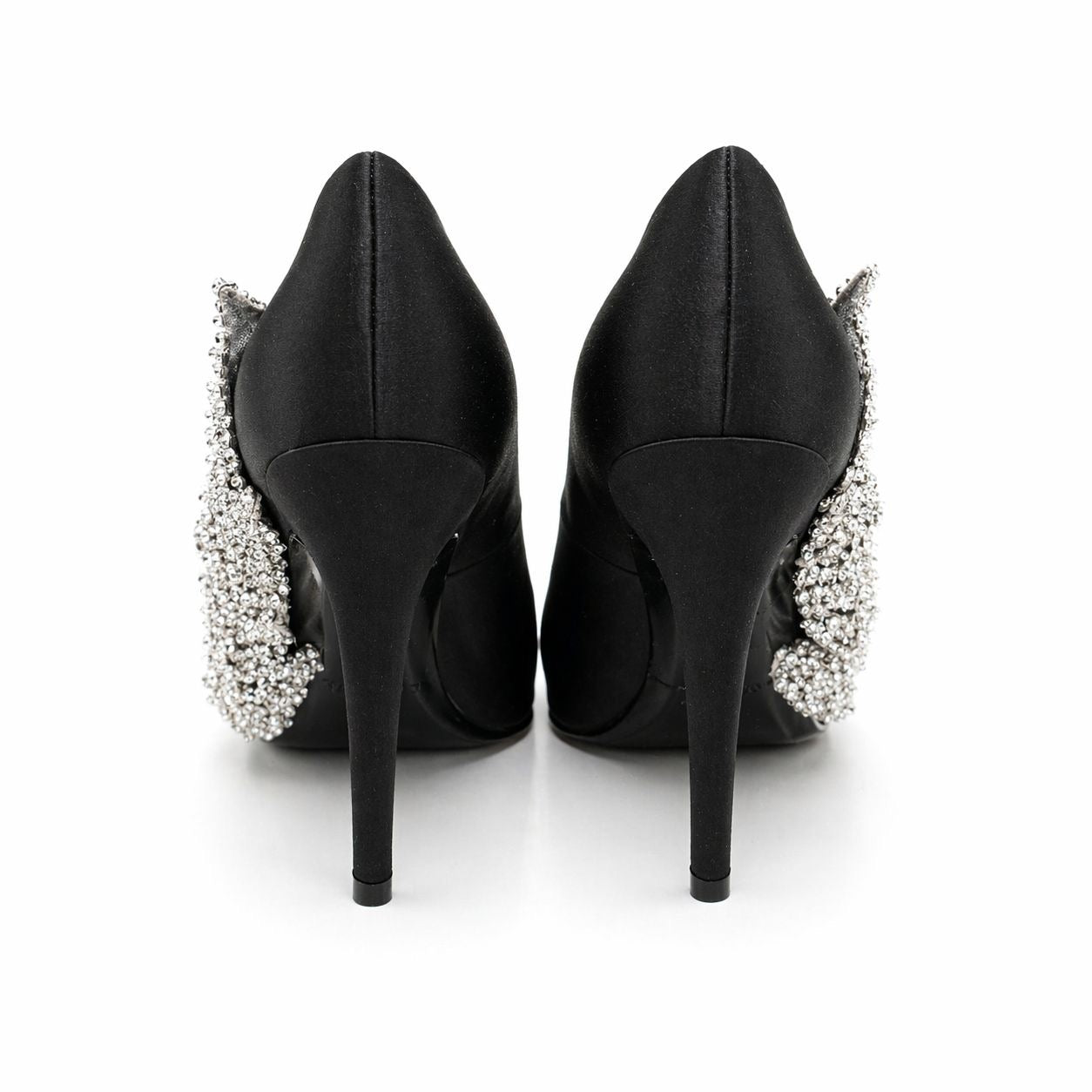 BALENCIAGA - PUMPS SLASH SATIN BLACK WITH SEQUIN FLORAL EMBROIDERY SIZE 39 EU