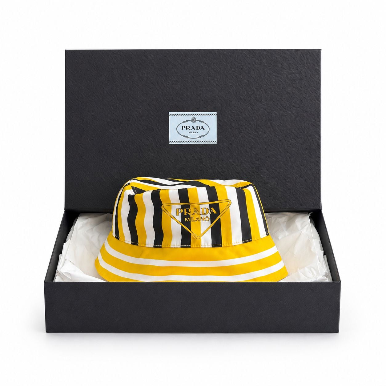 PRADA - *NEVER WORN* HAT RE-NYLON STRIPED BUCKET IN YELLOW SIZE S