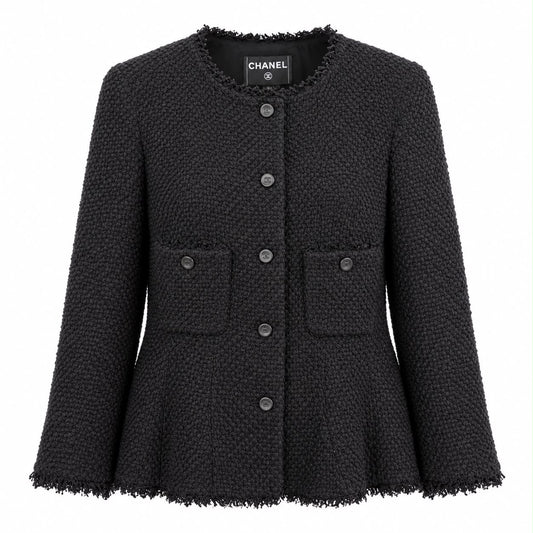 CHANEL - JACKET BLACK TWEED WITH CC LOGO BUTTONS SIZE 48 FR