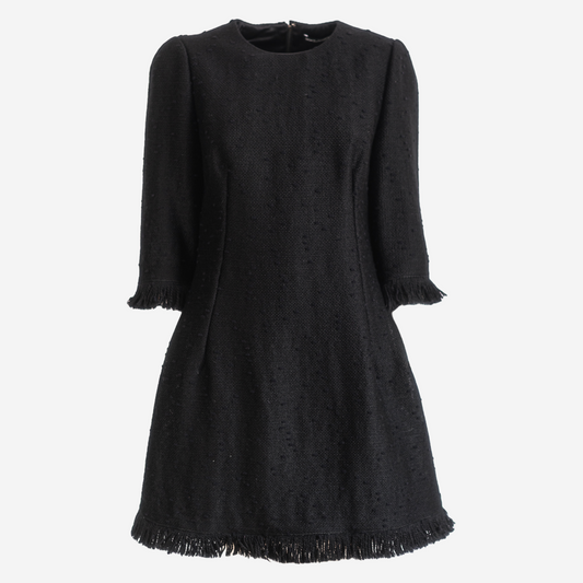DOLCE & GABBANA - DRESS BLACK BOUCLÈ FRINGED SIZE L