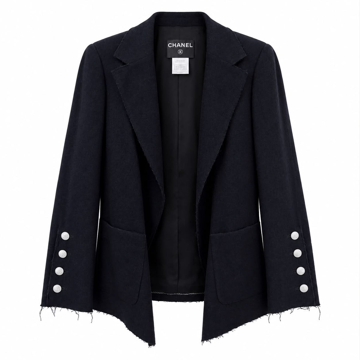 CHANEL - BLAZER BLACK WOOL BLEND RAW-EDGE WITH WHITE CC LOGO BUTTONS SIZE 48 FR