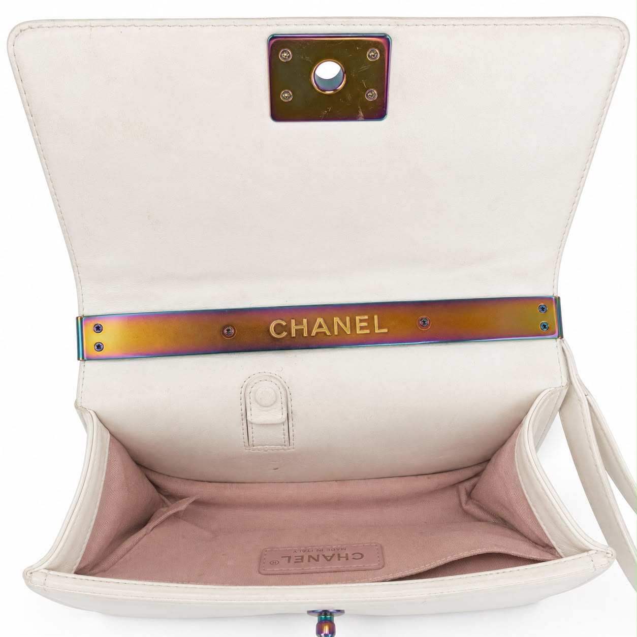 CHANEL - *RARE* BAG BOY MEDIUM LED WHITE LAMBSKIN WITH RAINBOW HARDWARE