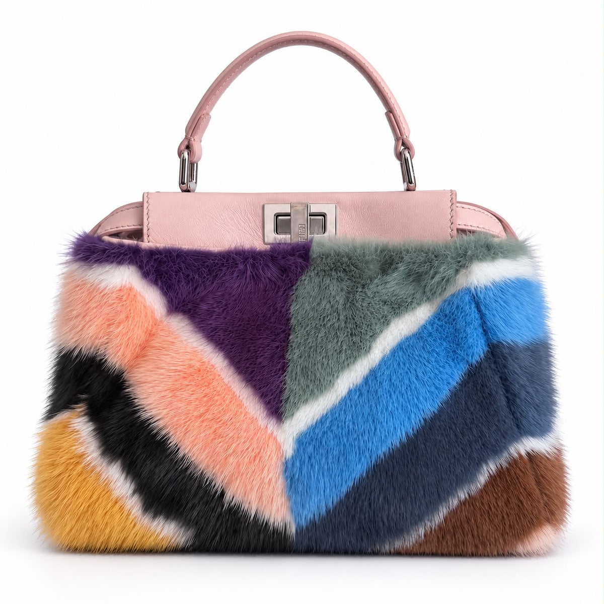 FENDI - BAG PEEKABOO MULTICOLOR PATCHWORK FUR & PINK LEATHER SILVER-TONE HARDWARE