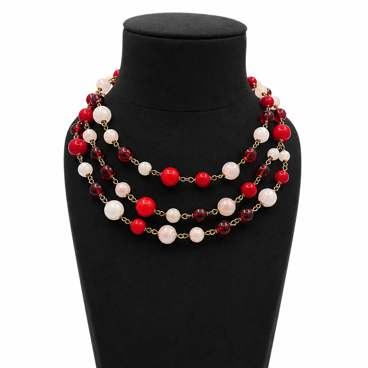 CHANEL - NECKLACE MULTI-STRAND ROSE QUARTZ & RED BEADED