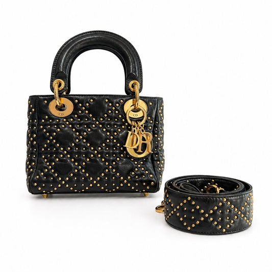 DIOR – LADY DIOR SMALL BLACK CANNAGE LEATHER BAG WITH GOLD STUDS AND SHOULDER STRAP