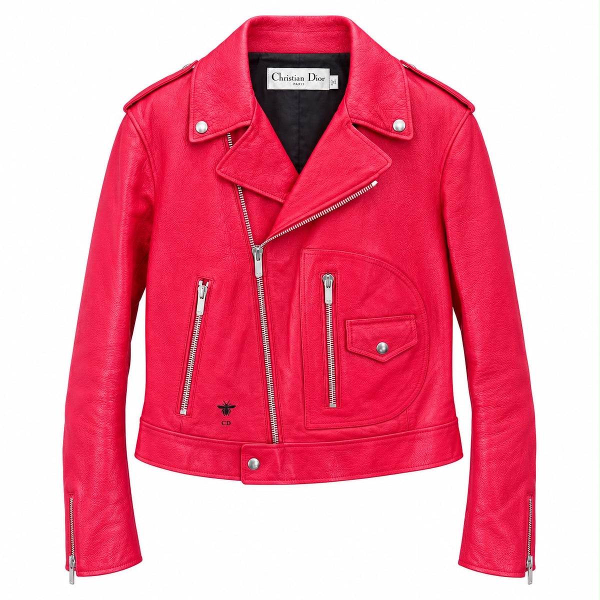 DIOR - JACKET BIKER RED GOAT LEATHER WITH SHAMAN ARTWORK SIZE 34 FR
