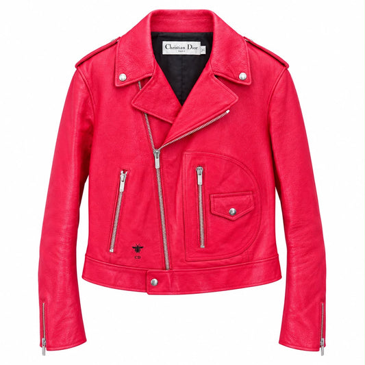 DIOR - JACKET BIKER RED GOAT LEATHER WITH SHAMAN ARTWORK SIZE 34 FR