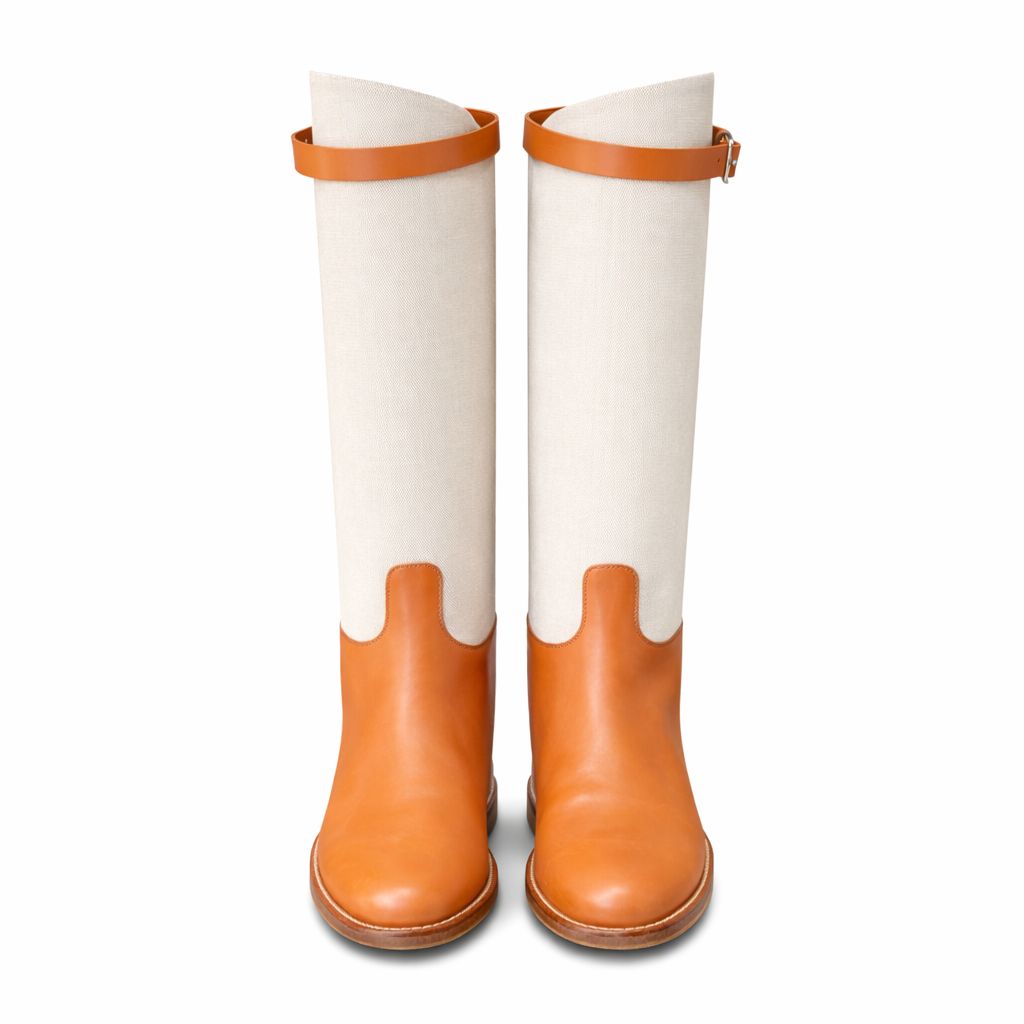 HERMÈS - HIGH BOOTS LEATHER AND CANVAS BROWN AND BEIGE SIZE 39 EU