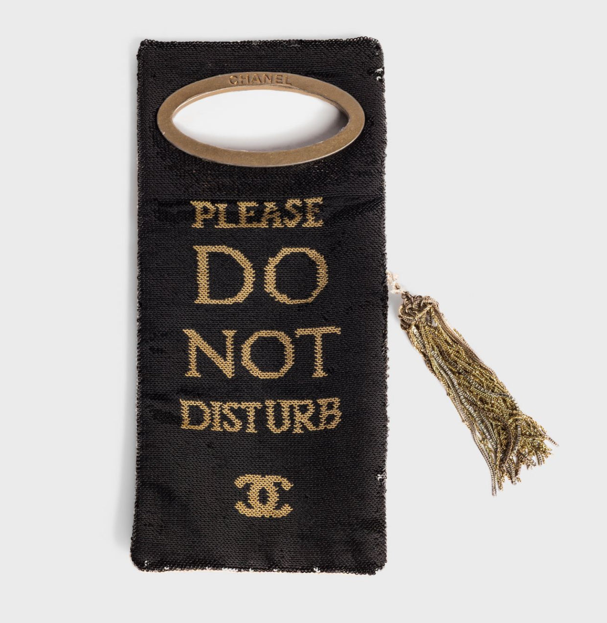 CHANEL - BAG MINAUDIÈRE “PLEASE DO NOT DISTURB” SEQUIN BLACK & GOLD