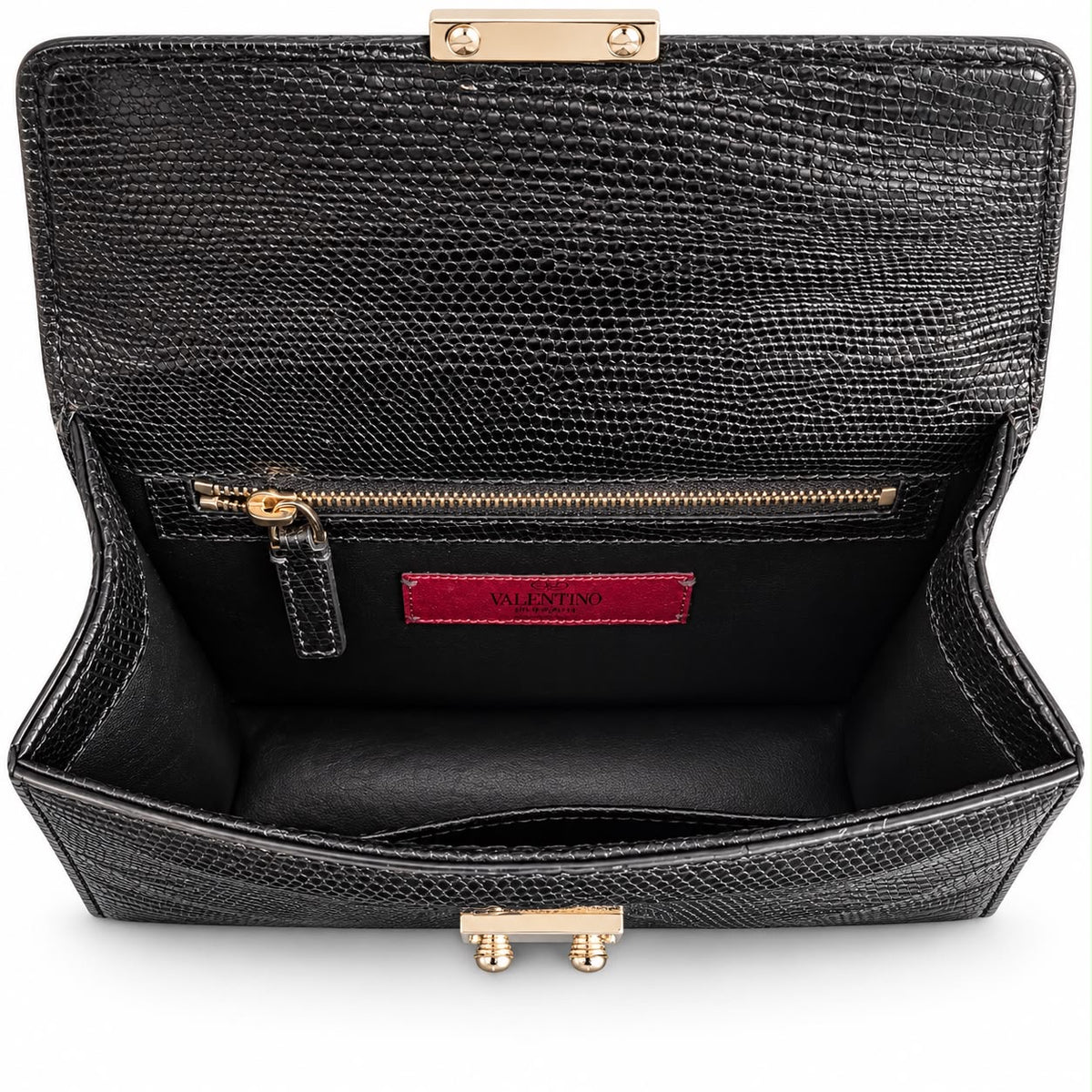 VALENTINO – ROCKSTUD GLAM LOCK BLACK LIZARD-EMBOSSED LEATHER SHOULDER BAG