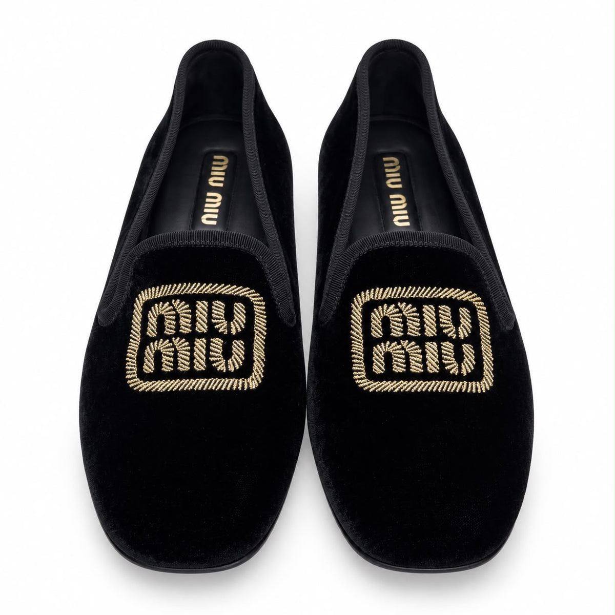 MIU MIU – BLACK VELVET LOAFERS WITH GOLD EMBROIDERED LOGO SIZE 39.5 EU