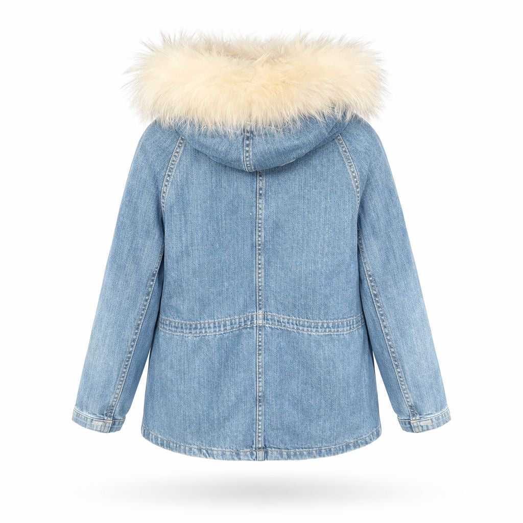 YVES SALOMON - PARKA IN DENIM LIGHT BLUE WITH ORILAG FUR LINING AND HOOD