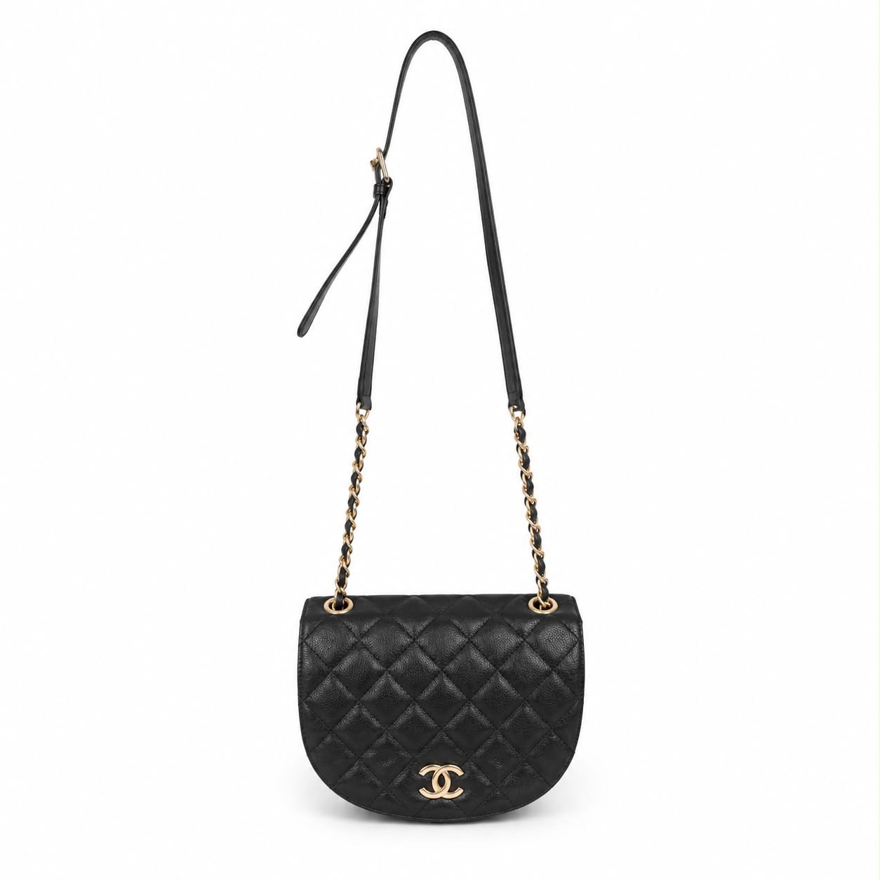 CHANEL - BAG MESSENGER BLACK QUILTED CAVIAR LEATHER GOLD HARDWARE