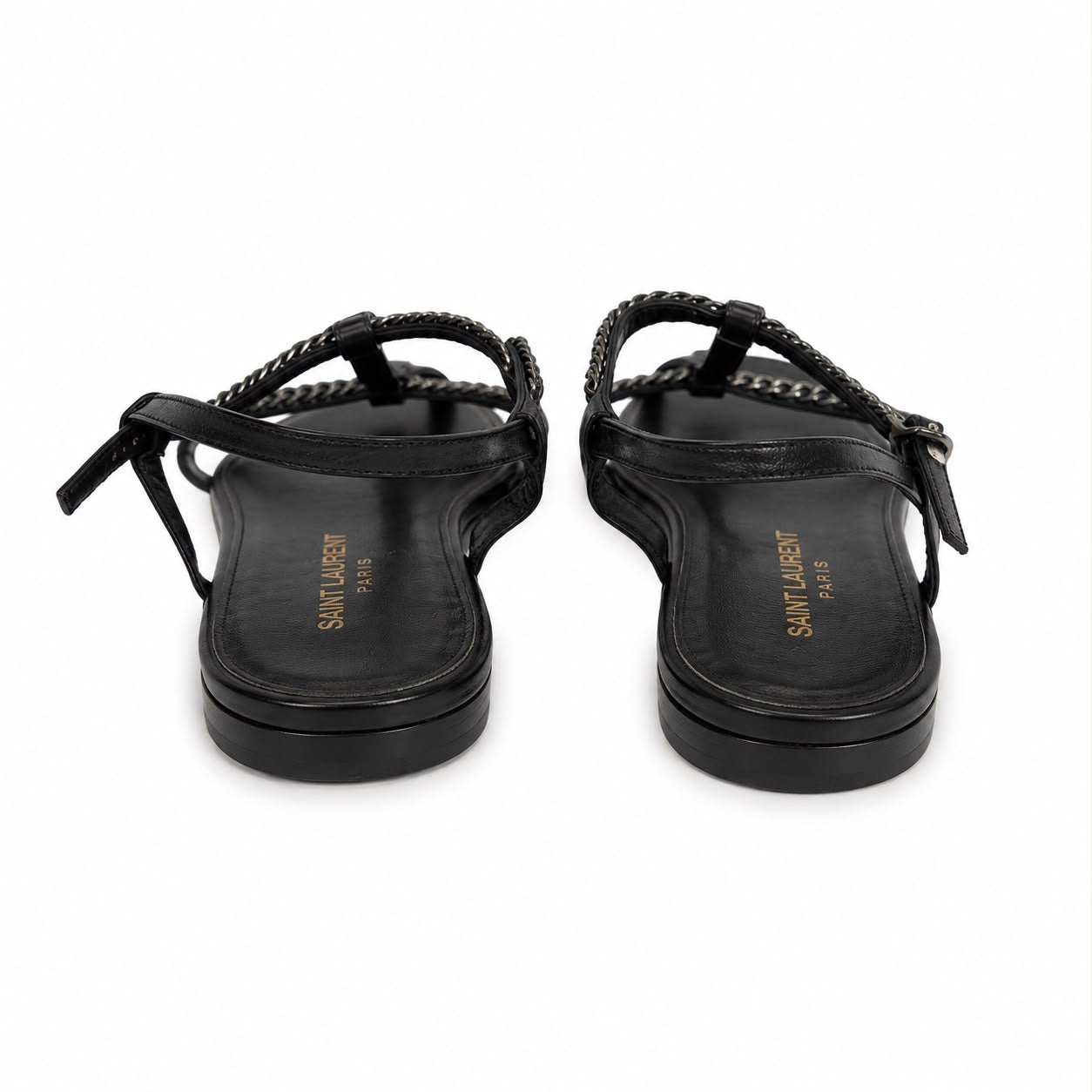SAINT LAURENT - SANDALS FLAT BLACK LEATHER WITH STUDS CHAIN & PEARLS SIZE 37 EU