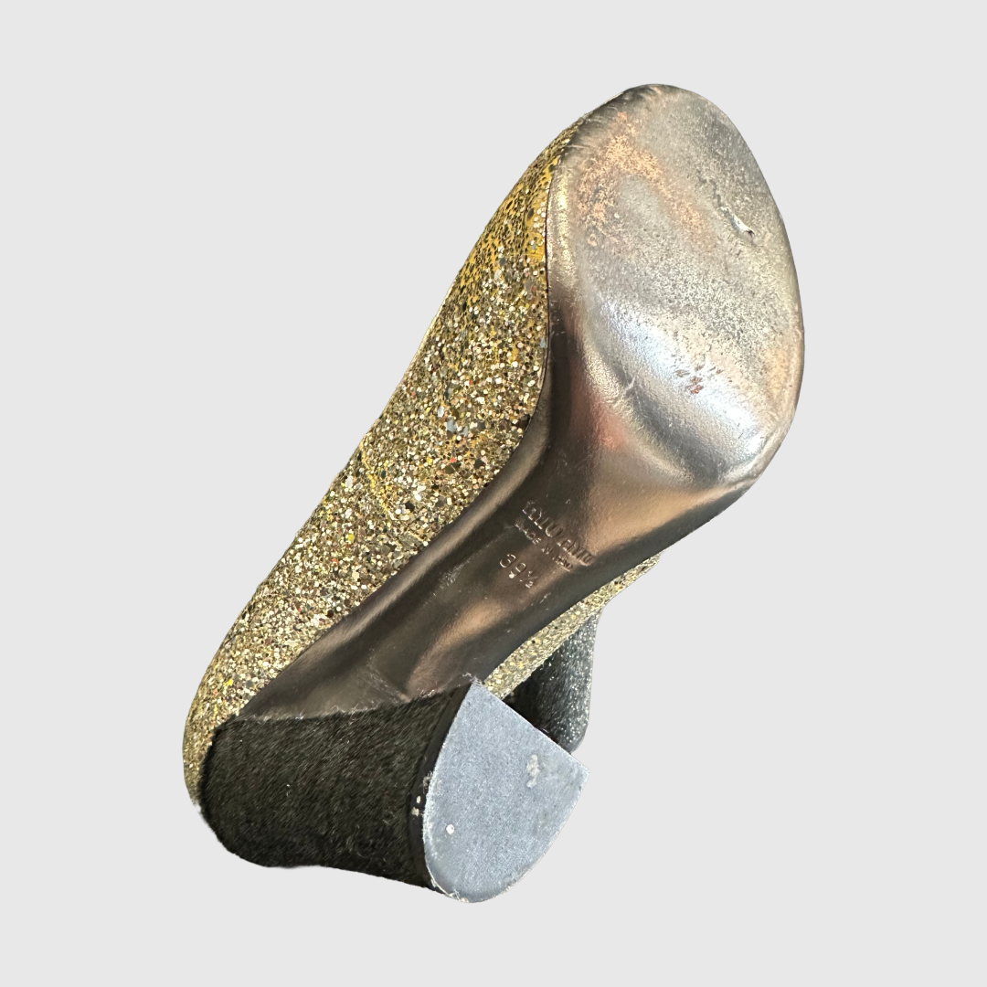 MIU MIU - PUMPS GOLD GLITTER & BLACK FOAL CALFSKIN SIZE 39,5 EU