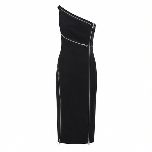 DOLCE & GABBANA - DRESS LONG ONE-SHOULDER STRETCH JERSEY BLACK SIZE 48 IT