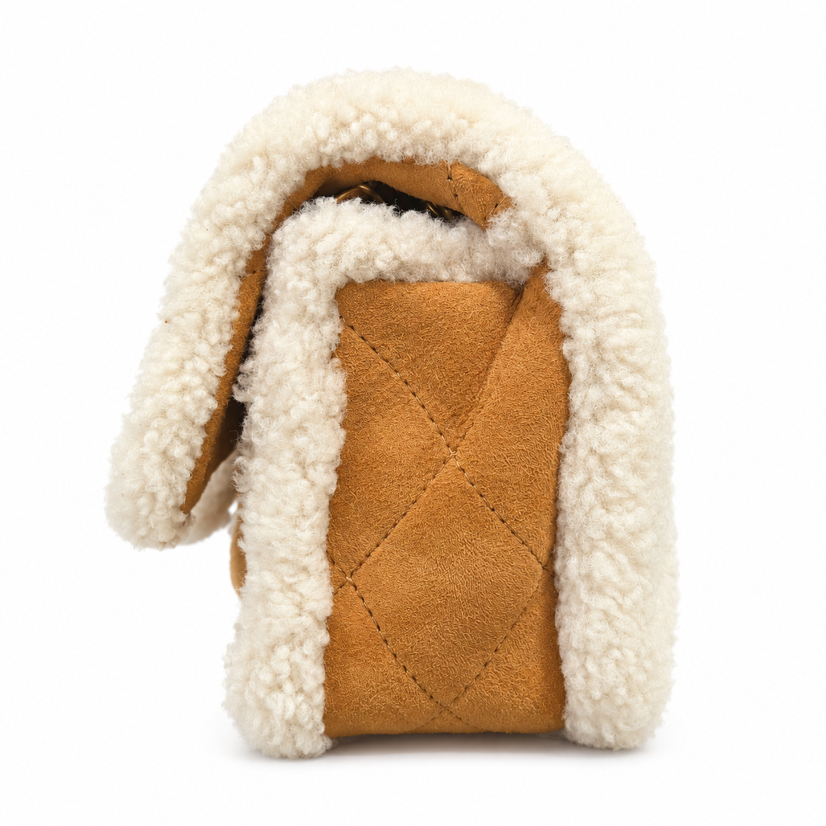 CHANEL –  BAG TIMELESS QUILTED CAMEL SUEDE & IVORY SHEARLING FLAP WITH GOLD-TONE HARDWARE