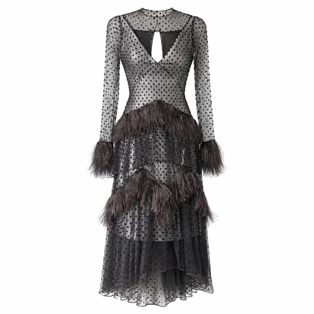 ERDEM - DRESS LONG BLACK POLKADOT WITH SEQUINS AND FEATHERS SIZE 42 FR