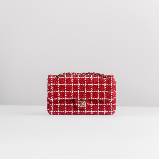 CHANEL - TIMELESS BAG TWEED QUILTED MEDIUM DOUBLE FLAP RED & WHITE