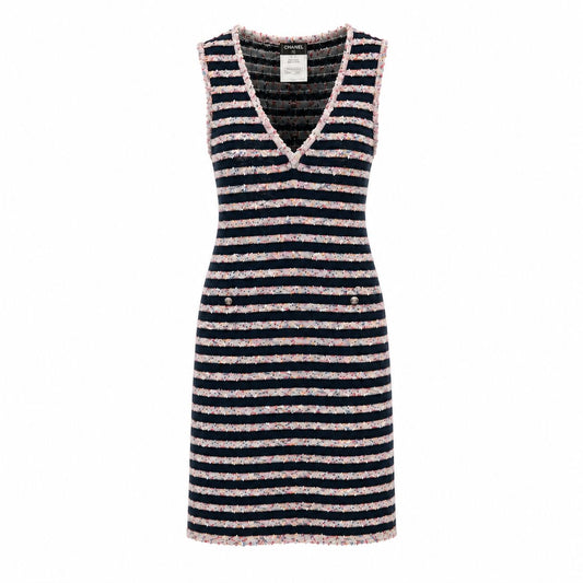 CHANEL - DRESS MIDI TWEED STRIPES MULTICOLOR SIZE 40 FR