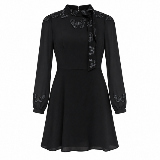 VALENTINO - DRESS MINI BLACK SILK EMBROIDERED BUTTERFLIES SIZE S