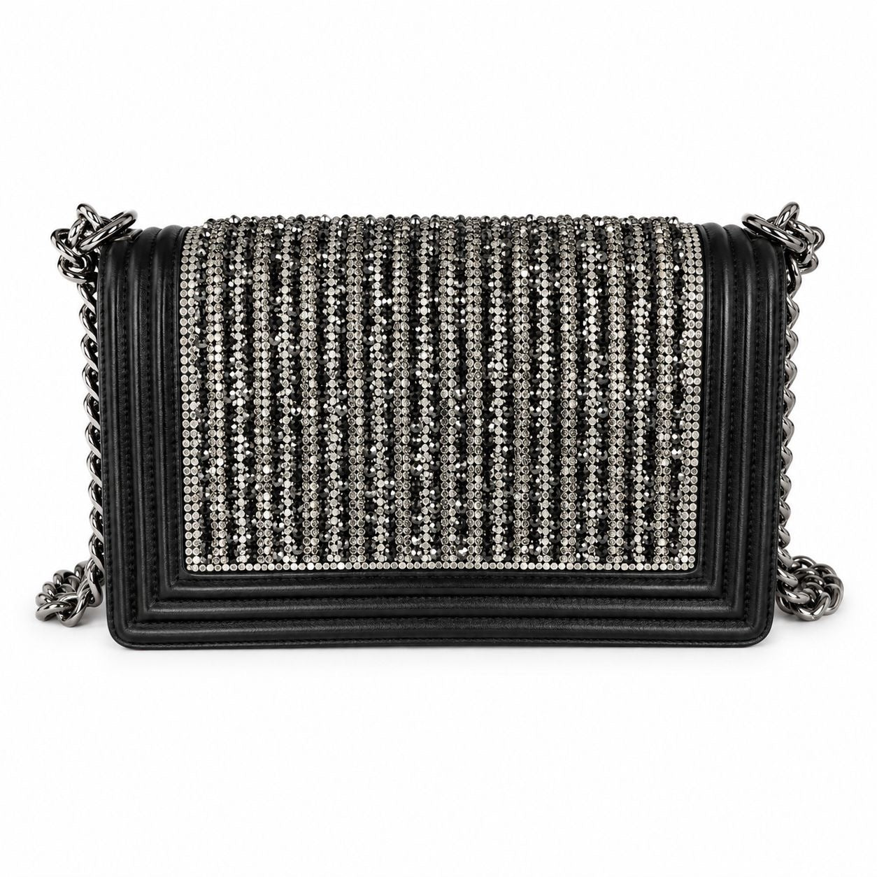 CHANEL - BAG BOY MEDIUM BLACK METALLIC LAMBSKIN WITH GLASS PEARL EMBROIDERY