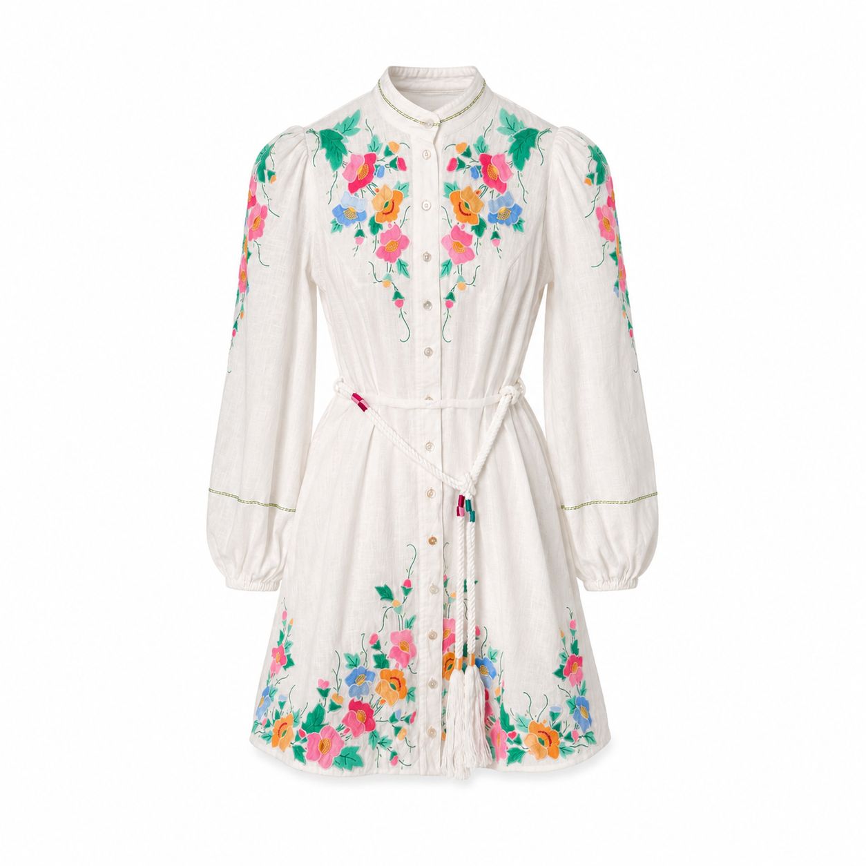 ZIMMERMANN - DRESS MINI LINEN WHITE WITH FLORAL EMBROIDERY SIZE 0