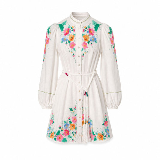 ZIMMERMANN - DRESS MINI LINEN WHITE WITH FLORAL EMBROIDERY SIZE 0