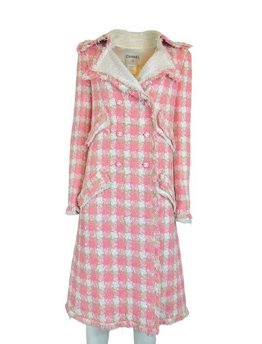 CHANEL - Long Coat tweed pink/white size 36 FR