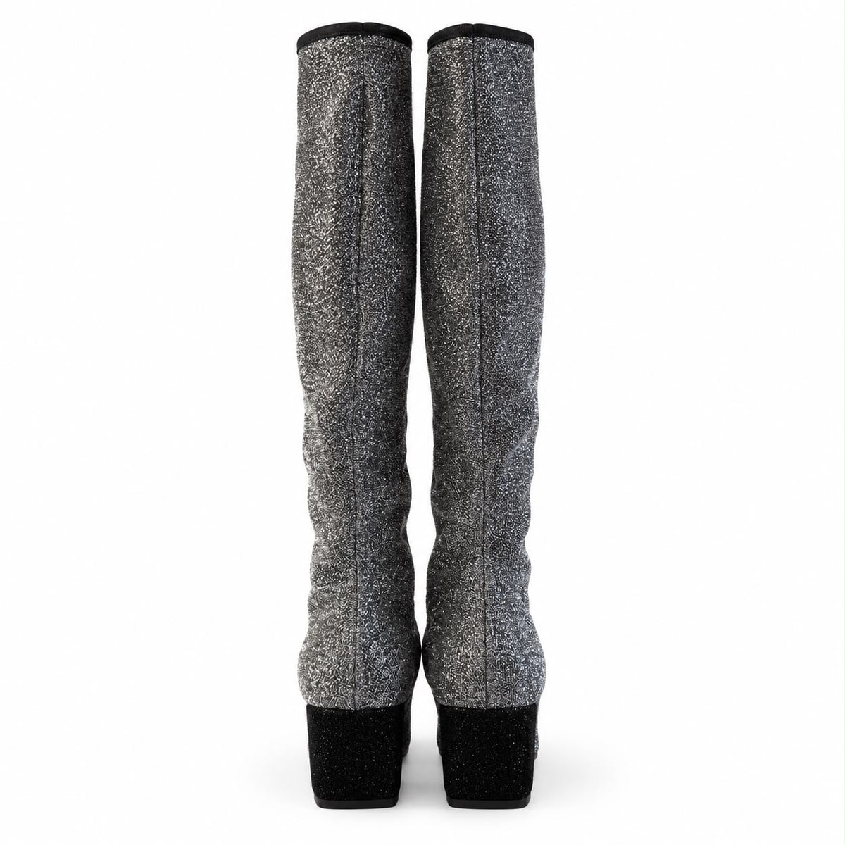 CHANEL - *LIMITED EDITION* HIGH BOOTS SILVER GLITTER BLACK HEEL SIZE 37 C
