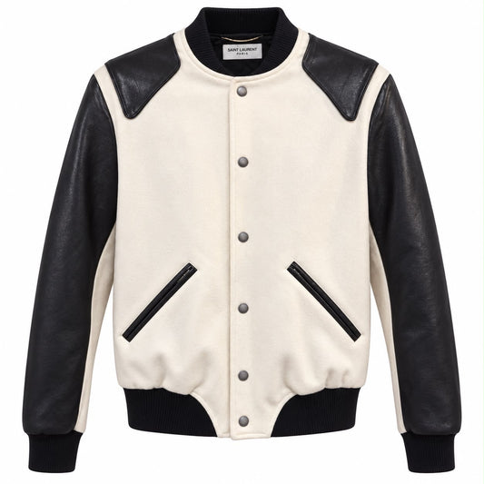 SAINT LAURENT - BOMBER JACKET HEAVEN IVORY VIRGIN WOOL WITH BLACK LAMBSKIN SIZE 36 FR