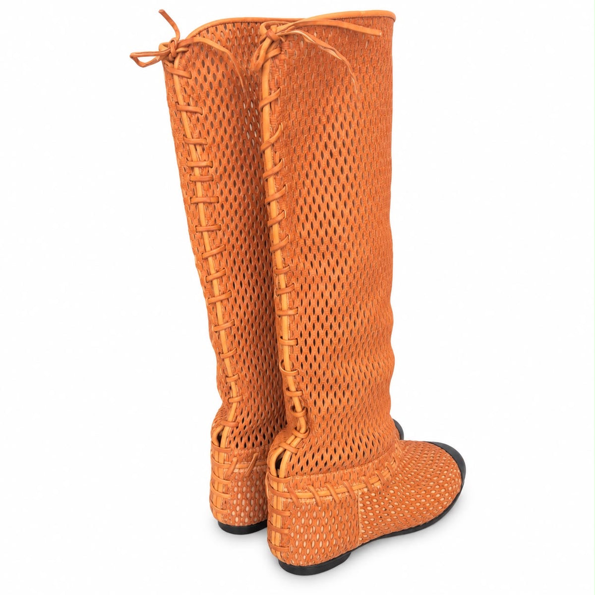 CHANEL - HIGH FLAT BOOTS BROWN PERFORATED LEATHER WITH CAP TOE SIZE 38 EU