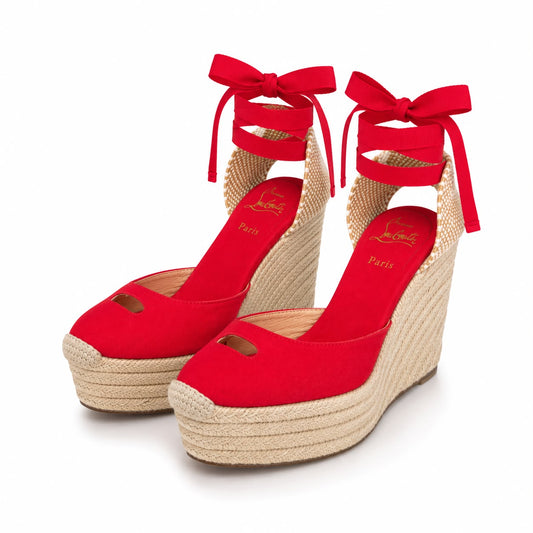 LOUBOUTIN - WEDGE ESPADRILLES RED CANVAS AND RAFFIA SIZE 38 EU
