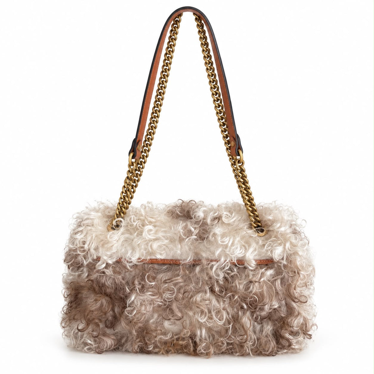 GUCCI - SHOULDER BAG GG MARMONT CURLY SHEARLING IN IVORY & TAUPE WITH ANTIQUE GOLD HARDWARE