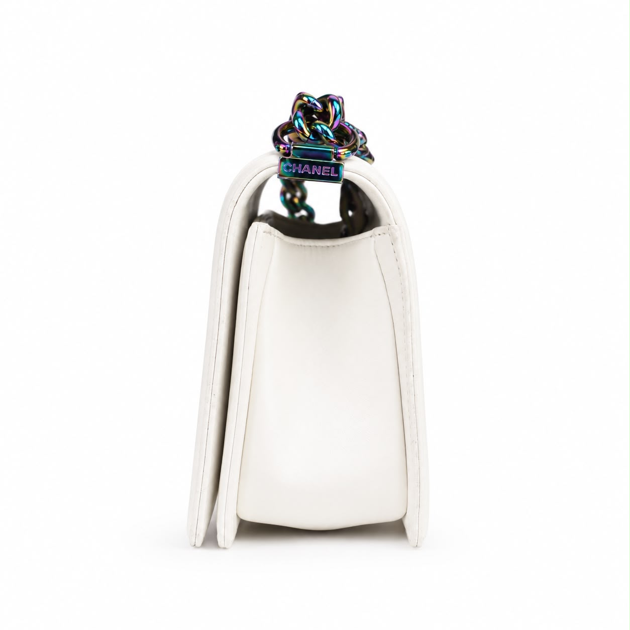 CHANEL - *RARE* BAG BOY MEDIUM LED WHITE LAMBSKIN WITH RAINBOW HARDWARE