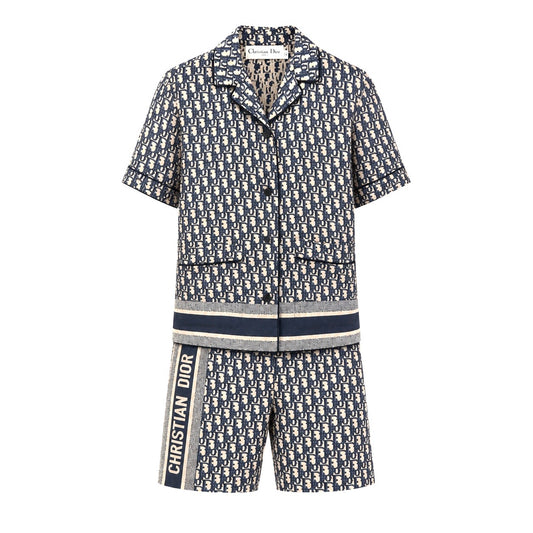 DIOR - PAJAMA SHIRT & SHORTS SET BLUE LOGO OBLIQUE SILK SIZE 34 FR
