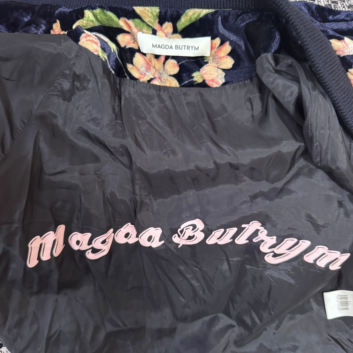 MAGDA BUTRYM - BOMBER JACKET TOKYO DARK BLUE VELVET WITH PINK CHERRY BLOSSOM FLORAL PRINT SIZE 38 FR