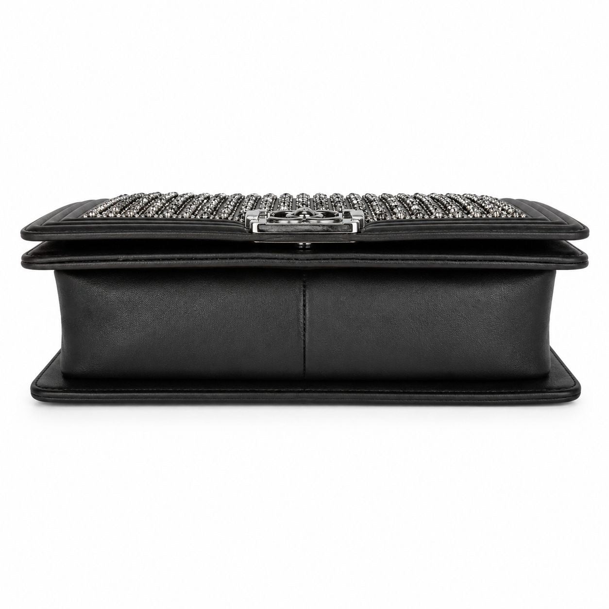 CHANEL - BAG BOY MEDIUM BLACK METALLIC LAMBSKIN WITH GLASS PEARL EMBROIDERY