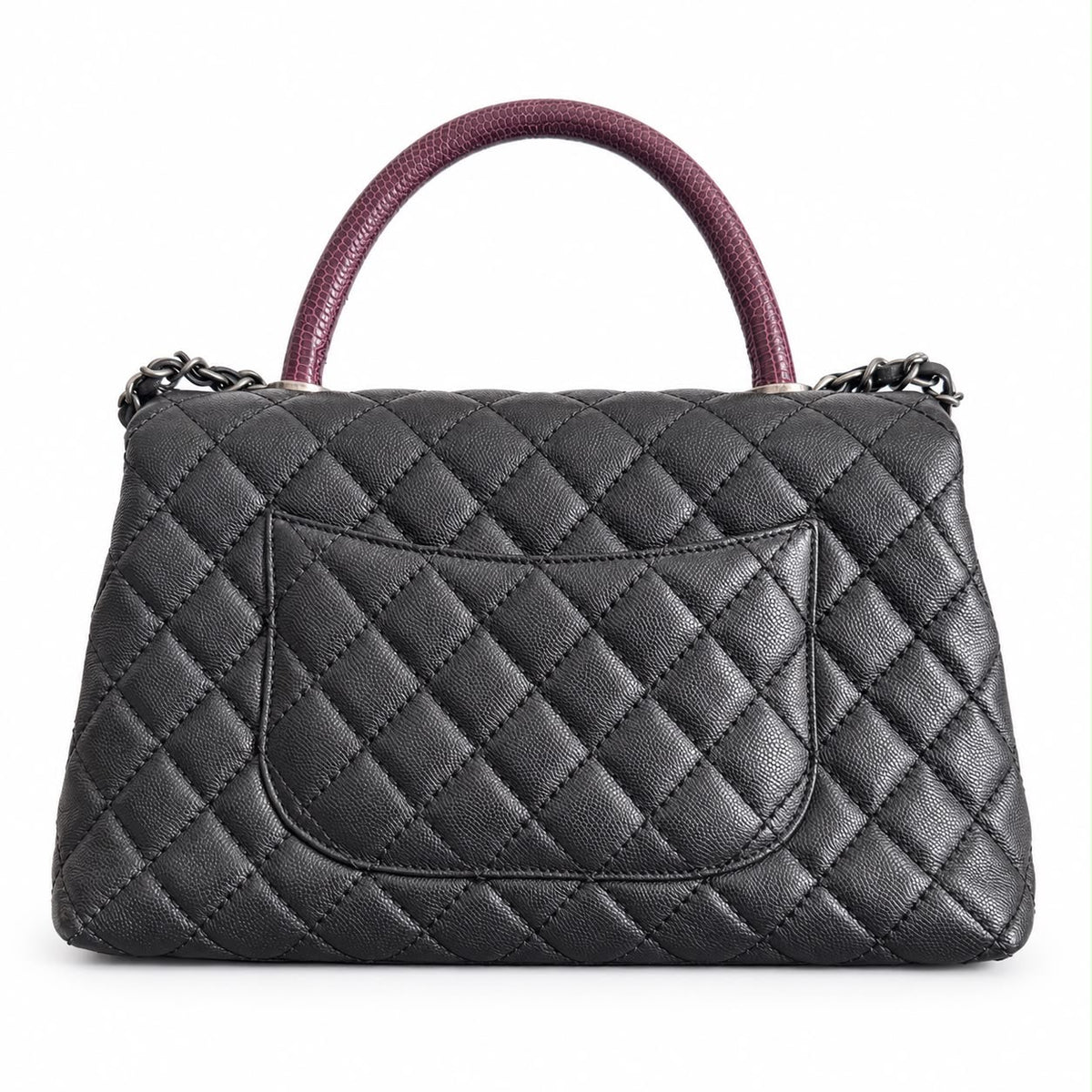 CHANEL - BAG COCO HANDLE BLACK QUILTED CAVIAR LEATHER WITH BURGUNDY EXOTIC LEATHER HANDLE