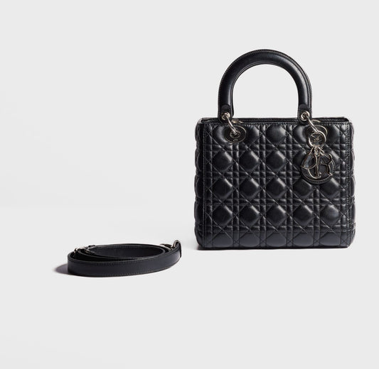 DIOR - BAG LADY DIOR BLACK LAMBSKIN LEATHER SILVER HARDWARE