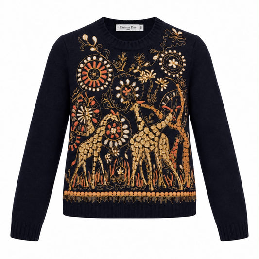 DIOR - SWEATER BLACK CASHMERE WITH MULTICOLOR EMBROIDERED GIRAFFES & FLORAL MOTIFRS SIZE 34 FR