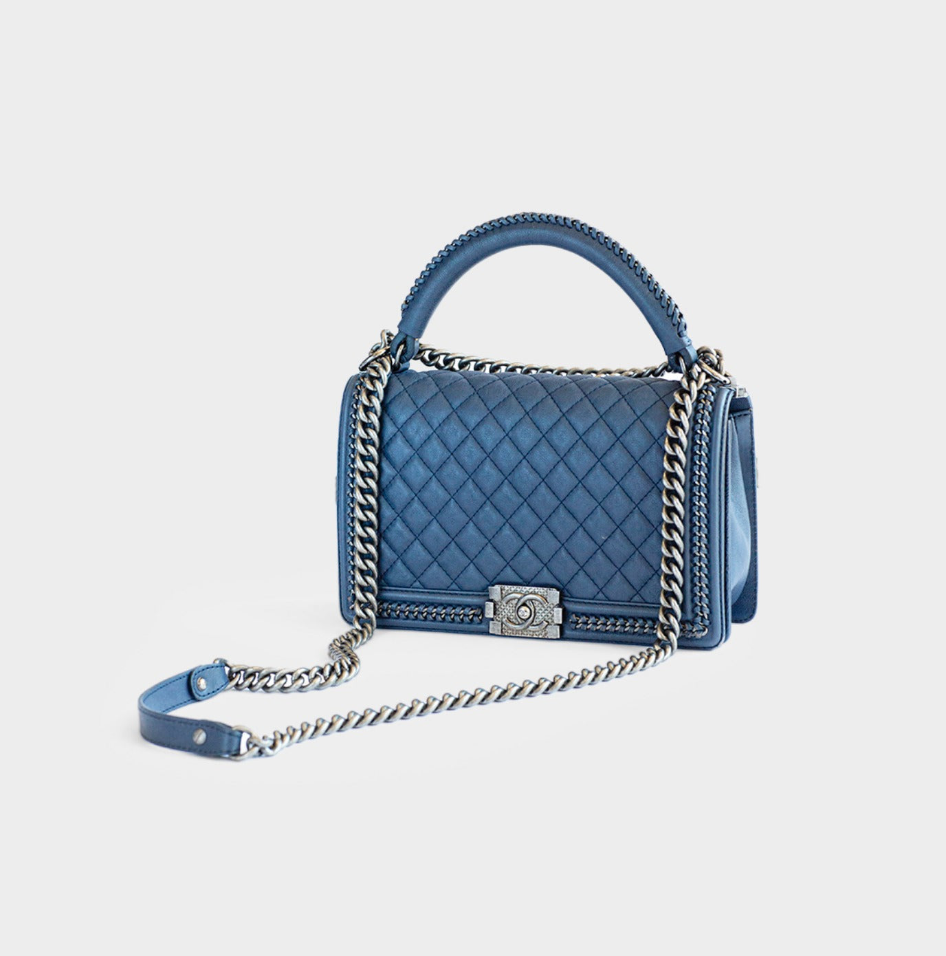 CHANEL - BAG BOY LARGE NAVY BLUE WITH RUTHENIUM CHAIN