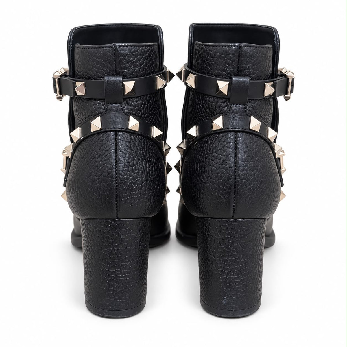 VALENTINO GARAVANI – ANKLE BOOTS ROCKSTUD BLACK GRAINED LEATHER WITH PLATINUM-FINISH STUDS SIZE 35.5 EU