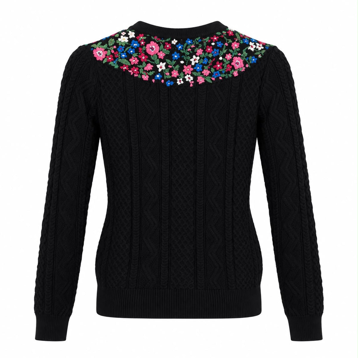 VALENTINO - SWEATER BLACK WOOL WITH MULTICOLOR FLORAL EMBROIDERY SIZE S