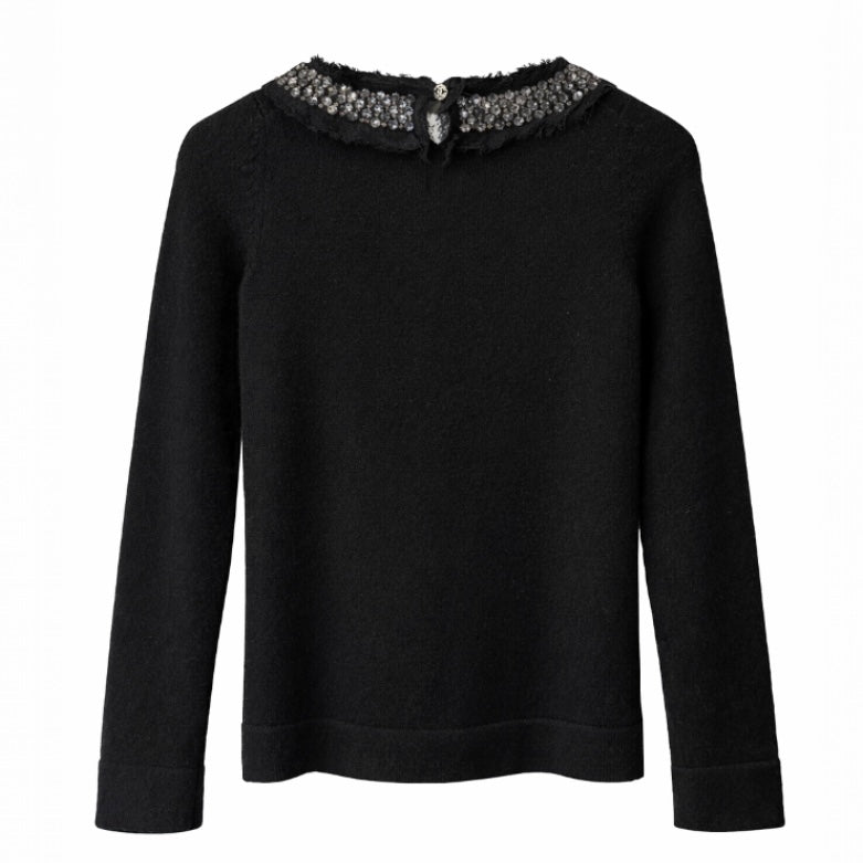 CHANEL - SWEATER BLACK CASHMERE WITH RHINESTONE DETAILS SIZE 34 FR