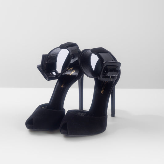 SAINT LAURENT - *BRAND NEW* HEELS BLACK SUÈDE PEEP TOE ANKLE BUCKLED SIZE 39 EU