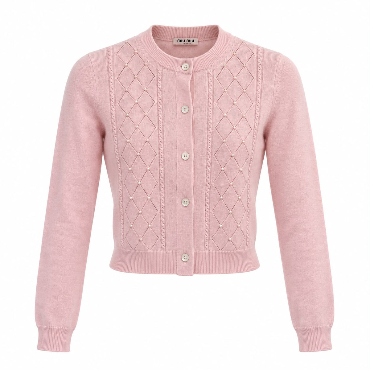 MIU MIU – CARDIGAN IN PALE PINK WITH POINTELLE AND PEARL-STYLE DETAILS IT 38 / FR 34